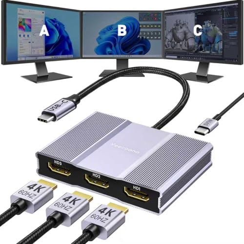 USB C to 3 HDMI Adapter with PD 100W,4K@60Hz HDMI Splitter Extended Display | HDMI Splitter Extended Display 1 in 3 Out for Multi-Monitors with Laptop,PC,USB-C Graphics Card - MACOS Not Support MST - color: Light blue