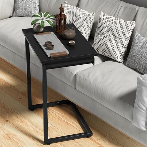 C Shaped End Table,Small Couch Side Table with Drawer,for Living Room, Bedroom Magazines, Computers, Coffee, Small Objects Storage.Black - color: Black
