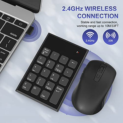 Wireless Number Pad and Mouse Combo 2.4G 19 Keys USB Wireless Numeric Keypad - 3 Adjustable Silent Mouse DPI 800/1200/1600, Number Keypad for Laptop/Notebook/Desktop/PC Computer, with USB Receiver