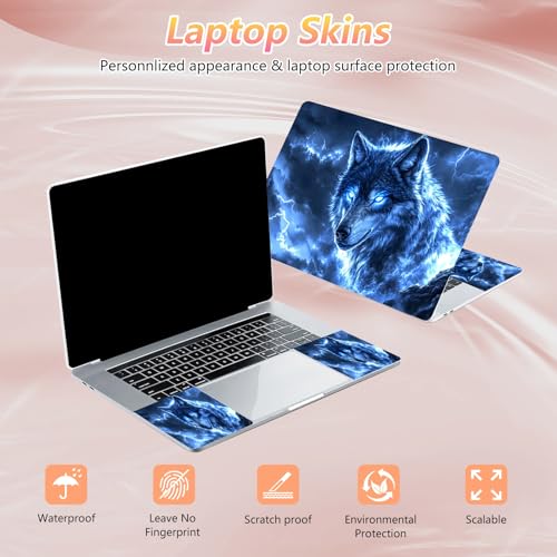 Laptop Skin Sticker Decal 12" 13" 13.3" 14" 15" 15.6",Waterproof Scratch Resistant Vinyl,Reusable Easy to Apply,for MacBook HP Dell Notebooks Netbooks Laptop,2 Wrist Pads,Blue Glitter Wolf - color: Blue Glitter Wolf
