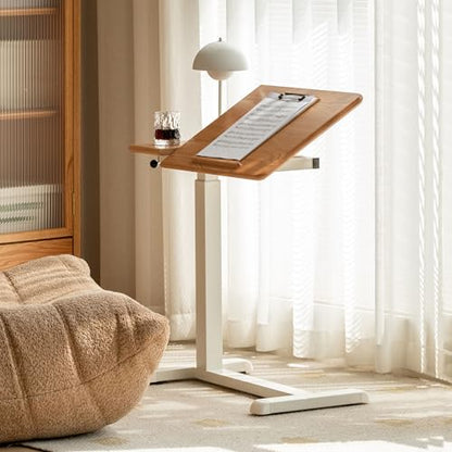 Height Adjustable Bedside Desk, 100% Solid Wood Overbed Table with Wheels, Rolling Laptop Table for Home, Office, Study, Bedroom - color: Natural-oak Wood Flip Panel, size: 27"W