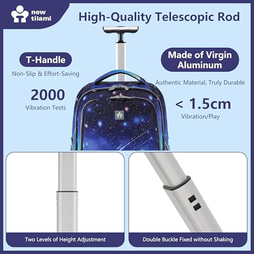 NEW TILAMI 20 Inch Rolling Backpack for School Stair-Climbing Big Wheel | Teen Boys Girls Carry-on Suitcase Large Organizer Compartment 15.6 Laptop Sleeve Adjustable Handle Roller Travel Bag College - color: Spacey Blue