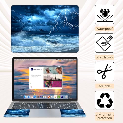 Laptop Skin Sticker 3-Piece Set,Blue Sky with Lightning | Trim-to-fit 3-piece vinyl set with one 15 x 10.6 in lid skin and two palm-rest decals for many 12-15.6 in laptops - color: Blue Sky With Lightning