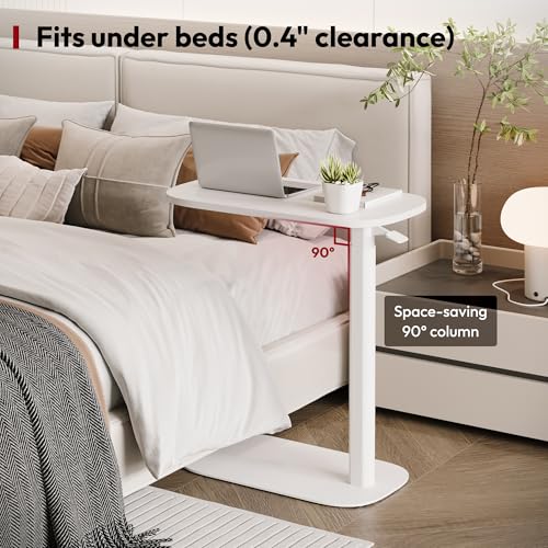 SANODESK 24''Pneumatic Adjustable Overbed Bedside Table with Hidden Casters | Medical Mobile Side End Table Laptop Computer Standing Desk Cart with Tray, Hospital and Home Use(23.6" W x 13.8" D,White) - color: White, size: Xsmall