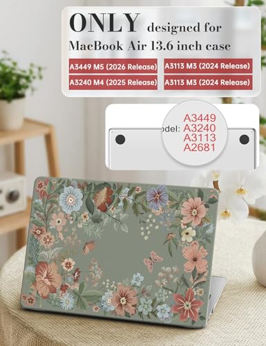 iCasso for M5 MacBook Air 13 inch Case 2026 2025-2022 M4 M3 M2 Model A3449 A3240 A3113 A2681, Sturdy Protective Pattern Shell Case for Mac Air 13.6", Keyboard Cover + Screen Protector,Green Flowers - color: Green Flowers