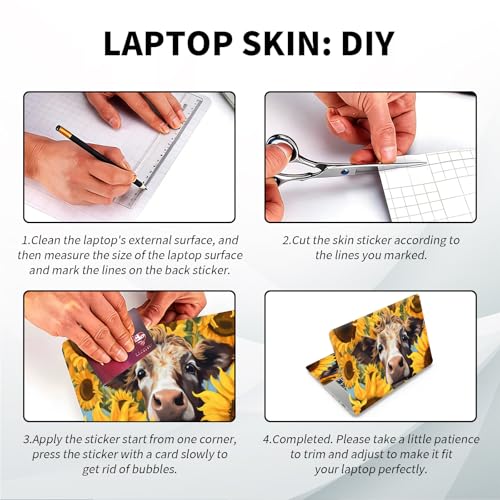 Universal Laptop Skin, DIY Cut-to-Fit Vinyl Cover Compatible with HP, Dell, Lenovo, Mac (13.3" to 15.6"), Anti-Scratch, No Residue & Bubble-Free Protective Decal Sticker, Cute Cow Sunflower - color: Cute Cow Sunflower
