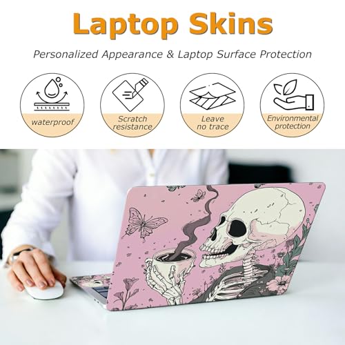 Universal Laptop Skin Sticker with 2 Wrist Pad Decals, 3-Piece Removable Vinyl Laptop Cover, Pink Skull Coffee Waterproof Anti-Scratch, Easy-Trim Fit for 13.3" 14" 15.6" Laptops - color: Pink Skull Coffee