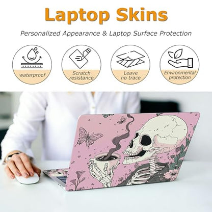 Universal Laptop Skin Sticker with 2 Wrist Pad Decals, 3-Piece Removable Vinyl Laptop Cover, Pink Skull Coffee Waterproof Anti-Scratch, Easy-Trim Fit for 13.3" 14" 15.6" Laptops - color: Pink Skull Coffee