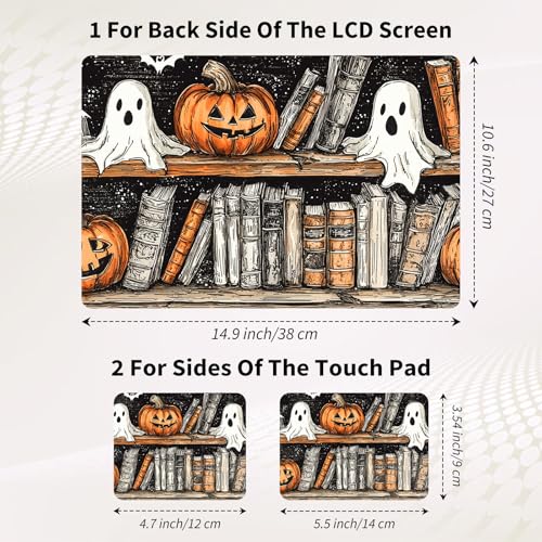 Laptop Skin Sticker 3-Piece Set,Bookshelves and Pumpkin | Trim-to-fit 3-piece vinyl set with one 15 x 10.6 in lid skin and two palm-rest decals for many 12-15.6 in laptops - color: Bookshelves And Pumpkin