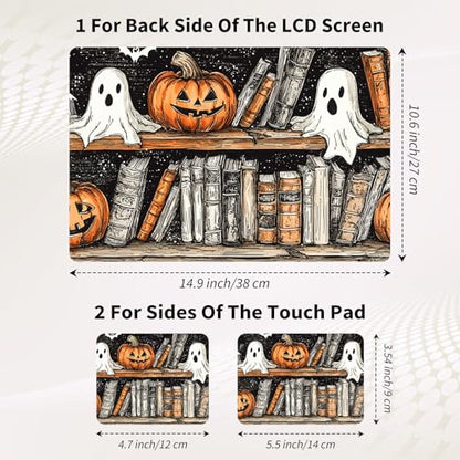 Laptop Skin Sticker 3-Piece Set,Bookshelves and Pumpkin | Trim-to-fit 3-piece vinyl set with one 15 x 10.6 in lid skin and two palm-rest decals for many 12-15.6 in laptops - color: Bookshelves And Pumpkin