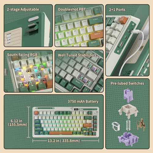 KZZI K75 PRO RGB 75% Wireless Gasket Mechanical Keyboard, Triple Mode BT 5.0/2.4G/USB-C 82 Keys Hot Swappable Gaming Keyboard w/Knob & Power Display, Custom Tactile Switches, Green - color: Time Machine Green, size: Eternity Tactile Switch
