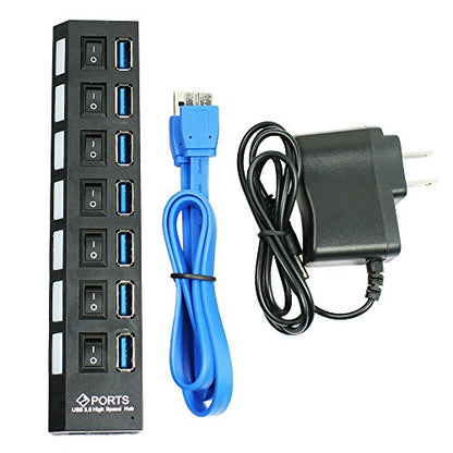 MaxLLTo 7 Port USB SuperSpeed 3.0 Hub On/Off Switches + AC Power Adapter Cable for PC Laptop -Black