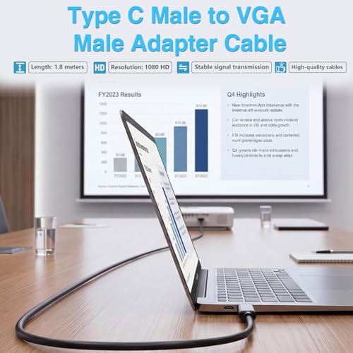 Duttek USB C to VGA Adapter Cable 6FT/1.8M, One Way USB-C Male to VGA Male Cord for Laptop Android Phone Tablet, Connect to Monitor Projector HDTV, 1080P@60Hz (Not Support Thunderbolt Port)