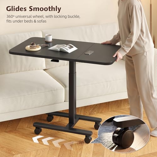 Homkdom C Shaped Table with Wheels, Side End Table with Extended Desktop, Adjustable Rolling Desk for Small Space, Dorm, Height Adjustment (29.5"-44"), Black - color: Black