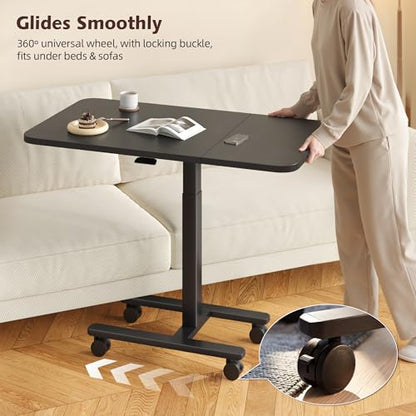 Homkdom C Shaped Table with Wheels, Side End Table with Extended Desktop, Adjustable Rolling Desk for Small Space, Dorm, Height Adjustment (29.5"-44"), Black - color: Black