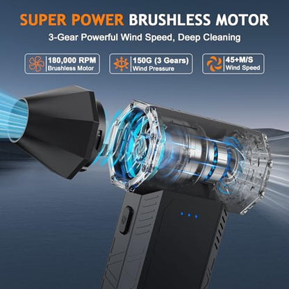 Compressed Air Duster - 180000RPM Powerful Electric Air Duster, 3 Gear Adjustable Cordless Air Blower, Rechargeable Dust Cleaner for Keyboard, Computer, Home, Outdoor, Car