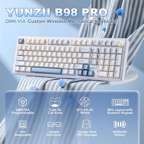 YUNZII B98 PRO QMK/VIA Wireless Mechanical Gaming Keyboard,96% Layout with Numpad and Cute Cat Knob, BT/2.4G/USB-C,Linear Switch Hot Swap Gasket,RGB for Win/Mac (Blue, Milk V2 Linear Switch) - color: Blue, size: Milk V2 Linear Switch