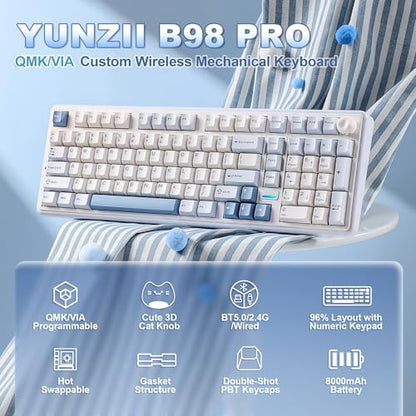 YUNZII B98 PRO 96% Wireless Mechanical Keyboard (Blue, Milk Switch) | QMK/VIA, with Numpad, Dual-Style Knob Design, Creamy Pre-Lubed Switches, Hot Swap, Gasket Mount, RGB for Gaming/Win/Mac - color: Blue, size: Milk V2 Linear Switch