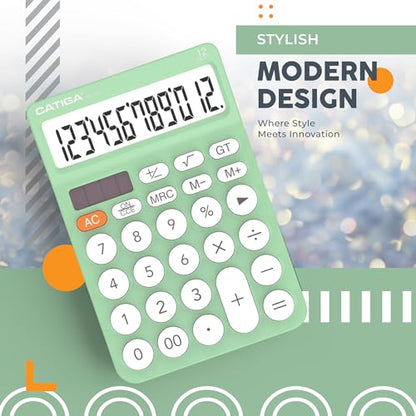 CATIGA 12 Digit Desktop Calculator Basic Desk Calculator with Large LCD Display, Big Buttons, 4 Function, Solar and Battery Dual Power, for Office, School, Home, SD-1292 Mint - color: 5.3) Mint