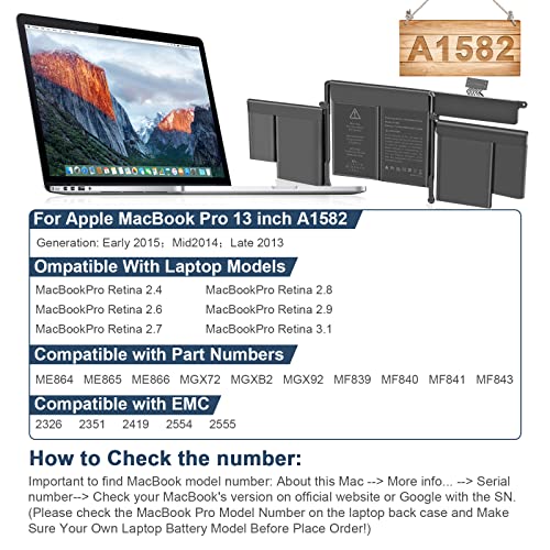TREE.NB A1502 Battery Replacement, A1582 A1493 Battery for MacBook Pro A1502 Retina 13” A1493 (Early 2015/Mid 2014/Late 2013), High Performance 11.42V / 74.9Wh - size: ‎11.22x4.12x0.35inch A1582