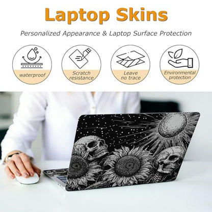 Universal Laptop Skin Sticker with 2 Wrist Pad Decals, 3-Piece Removable Vinyl Laptop Cover, Dark Sunflowers Skull Waterproof Anti-Scratch, Easy-Trim Fit for 13.3" 14" 15.6" Laptops - color: Dark Sunflowers Skull