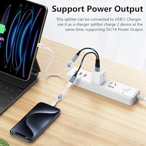 USB C to Dual USB Type C Female Splitter Cable Earphone Adapter Type C OTG Splitter with Data Transfer Compatible with iPad Pro, iPad Air 7/6/5, MacBook, iPhone 17/16/15, Galaxy S25/S24/S23, Pixel 9