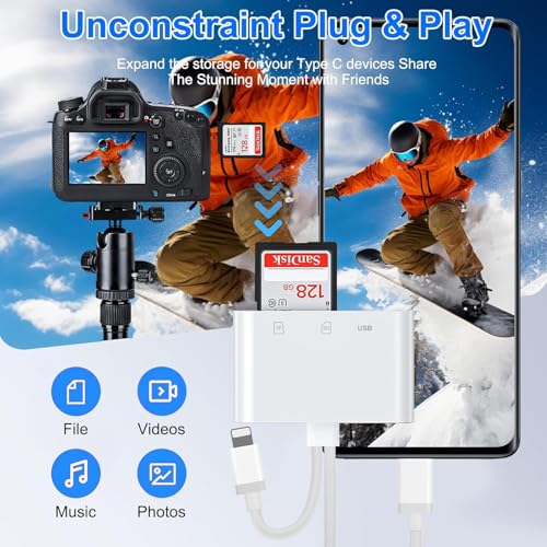 SD Card Reader for iPhone, iPad, USB C Lightning Dual Port SD Card Adapter, Memory Card Reader for Camera Adapter, Support SD, Micro SD, No App Required, Plug and Play