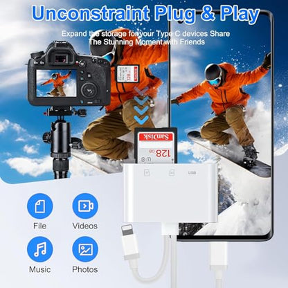 SD Card Reader for iPhone, iPad, USB C Lightning Dual Port SD Card Adapter, Memory Card Reader for Camera Adapter, Support SD, Micro SD, No App Required, Plug and Play