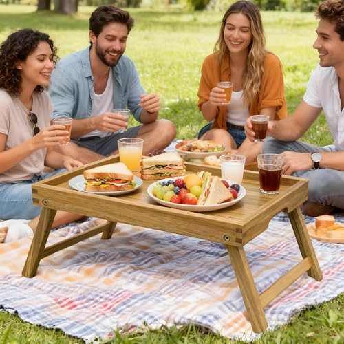 VaeFae Acacia Bed Table Tray, Wooden Breakfast Tray with Folding Legs, Bed Tray for Eating and Laptop, Eating Trays for Bedroom (Large Size) - size: Large