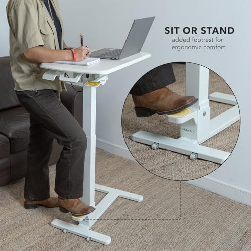 Mount-It! Overbed Table with Wheels, Folding Adjustable Height White | Foldable Bedside Tray Table on Wheels, No-Assembly Over Bed Laptop Desk, Folds Flat for Storage, Ultra-Low Base - color: White