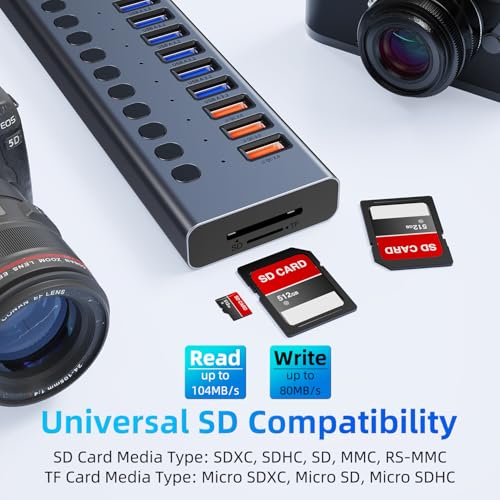 Powered USB Hub 10Gbps, 17 Ports USB 3.2 Hub, 96W Power Adapter | 10 USB-A 3.2, 3 QC 24W Fast Charging, 2 USB-C 3.2, SD/TF, 12V/8A Power Adapter for Laptop, PC, Computer, HDD, Flash Drive - color: Gray