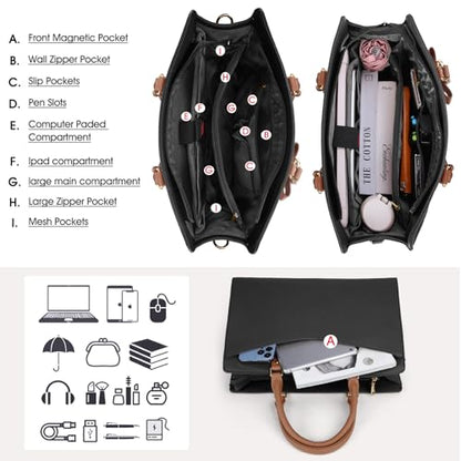 RAINSMORE Laptop Bag for Women 15.6 Inch PU Leather Laptop Tote Bag Professional Business Office Briefcase Waterproof Work Bag Computer Tote Bag Large Lightweight Handbag Shoulder Bag - color: Black and Dark Brown