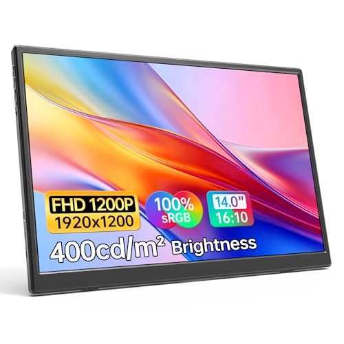 WGK 14 inch Portable Monitor 1200P FHD+ 100% sRGB Travel Display HDMI/USB-C Compatible with Laptops, Desktops, Phones, PS, Mac, Xbox, Switch, and Other Gaming Devices Includes Stand and Speakers VESA - size: 14 Inch 1200P