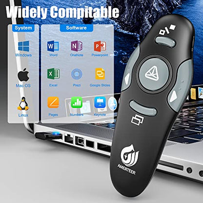 AMERTEER Presentation Clicker Wireless Presenter Remote Clicker for PowerPoint Presentations with Red Pointer, PowerPoint Clicker Slide Advancer for Mac/Windows/Google Slide/PPT.