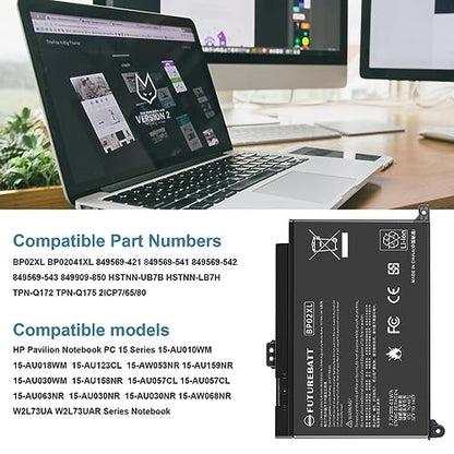 Futurebatt BP02XL 849569-541 Laptop Battery for HP Pavilion Notebook PC 15 Series 15-AU000 15-AU010WM 15-AU018WM 15T-AW000 15Z-AW000 - size: BP02XL 6.69*5.12*0.67 in