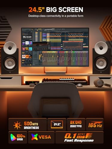 UPERFECT 24.5" 2K 165Hz Portable Monitor, QHD IPS Gaming Display | 500 Nits, 0.1ms Response, FreeSync, HDR, VESA Support, Stand Included, USB-C & Mini HDMI Screen for Laptop & Gaming - size: 24.5"