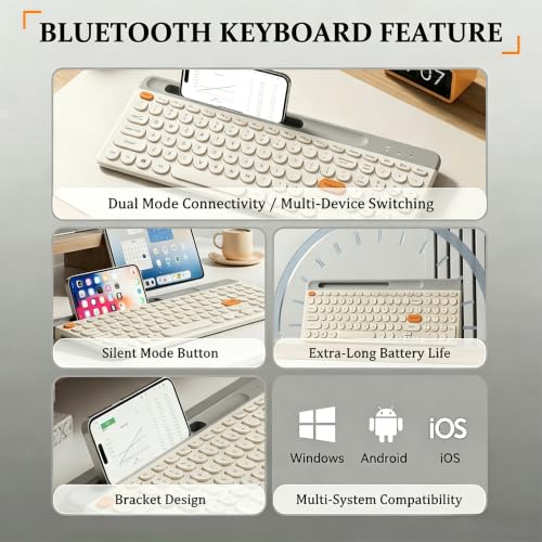 Bluetooth Keyboard Mouse Combo, Dual Multi-Device Wireless Keyboard with Phone Holder, Ultra-Compact 78-Key Layout, Quiet Keys & Rechargeable, for Windows PC Laptop (White) - color: White