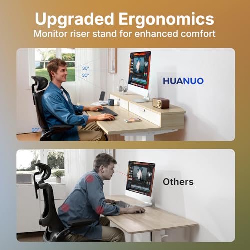HUANUO 32" X 21" Electric Standing Desk with 2 Drawers, C-Clamp Mount Compatible, Height Adjustable Computer Desk, Home Office Stand Up Desk with 4 Preset Heights & 2 Hooks, Light Walnut - color: Light Walnut, size: 32" X 21"