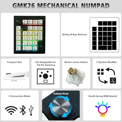 GMK26 Mechanical Numpad,VIA Programmable Hot Swappable Gasket Wired BT5.0/2.4G Wireless Number Pad with Knob PBT Keycaps 26 Keys Macro RGB Gaming Numeric Keypad for Laptop TKL Keyboard (Black) - color: Black