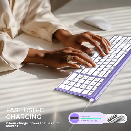 iClever BK10 Bluetooth Keyboard Quiet Typing Multi-Device USB-C Rechargeable – Slim Wireless Keyboard for Mac Windows iPad Office - color: Purple and White