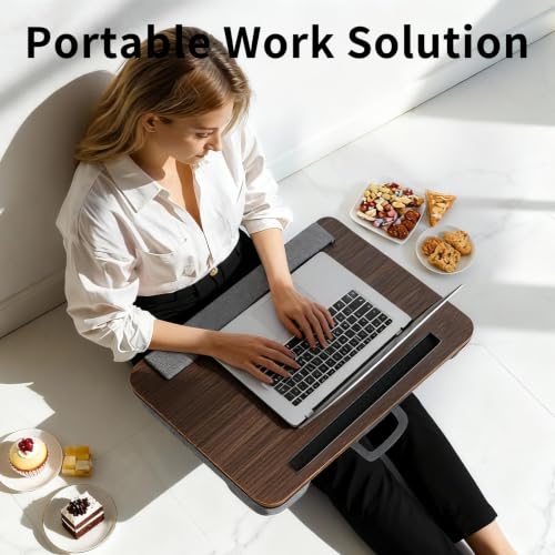 Home Office Lap Desk with Wrist Rest Laptop Bed Desk for Notebook, Laptop, Tablet, Lap Stand with Tablet, Phone Holder Fits Up to 14 Inch Laptops (Brown) - color: Brown, size: Small