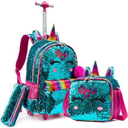 School Kids Rolling Backpack for Girls 3PCS With Trolley Wheeled Backpacks - color: Green-220308-l