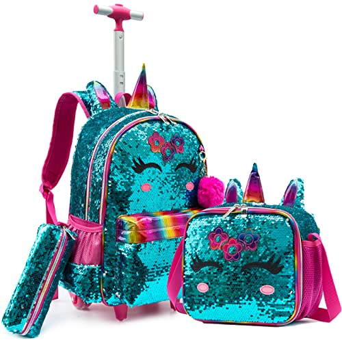 School Kids Rolling Backpack for Girls 3PCS With Trolley Wheeled Backpacks - color: Green-220308-l