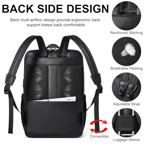 16 inch Vegan Leather Laptop Backpack with USB Charger | Smart Computer Backpack For Men and Women,Back Pocket Convert Luggage Sleeve,20L Large Capacity,Business Work Office College - color: Two-toned Black