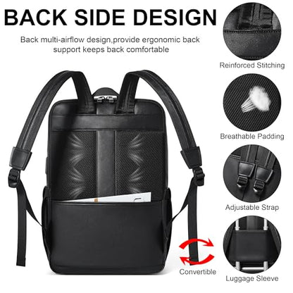 16 inch Vegan Leather Laptop Backpack with USB Charger | Smart Computer Backpack For Men and Women,Back Pocket Convert Luggage Sleeve,20L Large Capacity,Business Work Office College - color: Two-toned Black