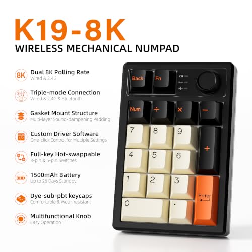 K19Pro Numeric Keyboard, Long-Lasting Version (Without RGB) | Wireless Mechanical Number Keypad Hot-swappable Bluetooth Numpad 5.0/2.4GHz Mac Win iOS Android - color: (Without RGB)Grey 19 Key
