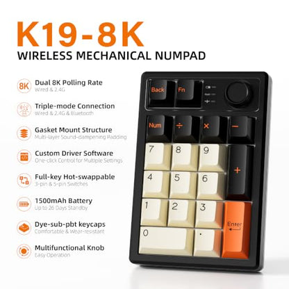 K19Pro Numeric Keyboard, Long-Lasting Version (Without RGB) | Wireless Mechanical Number Keypad Hot-swappable Bluetooth Numpad 5.0/2.4GHz Mac Win iOS Android - color: (Without RGB)Grey 19 Key