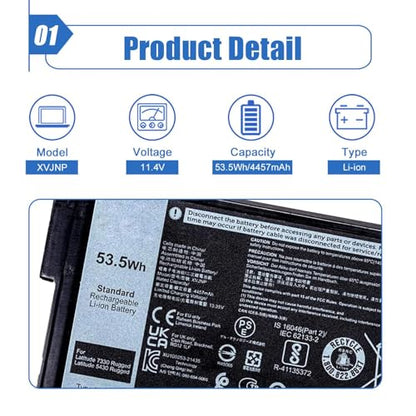 XVJNP Laptop Battery Compatible with Dell Latitude 5430 7330 Rugged Extreme P148G P148G001 P149G P149G001 Series 6JRCP 06JRCP M0TN3 0M0TN3 KD1CT 451-BCWQ 11.4V 53.5Wh - size: 5.08*3.37*0.59 inch XVJNP