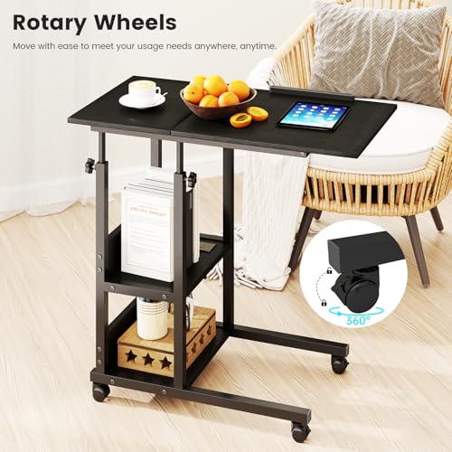 Hadulcet Adjustable C Table with Charging Station, Tiltable Desk C Shaped End Table for Couch, Over Bed Stand with Wheels Adjustable Height, Hospital Table Laptop Stand Drawing Desk, Black - color: Black, style: Upgrade