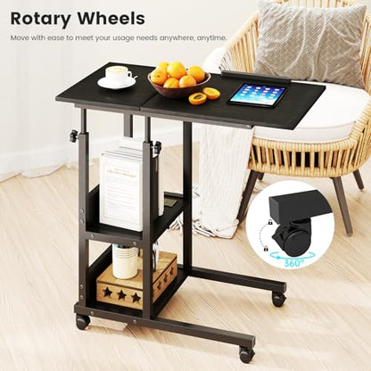 Hadulcet Adjustable C Table with Charging Station, Tiltable Desk C Shaped End Table for Couch, Over Bed Stand with Wheels Adjustable Height, Hospital Table Laptop Stand Drawing Desk, Black - color: Black, style: Upgrade